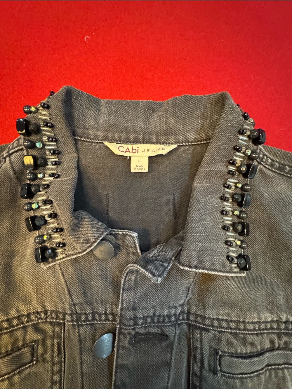 CAbi Black Beaded-Collar Jean Jacket